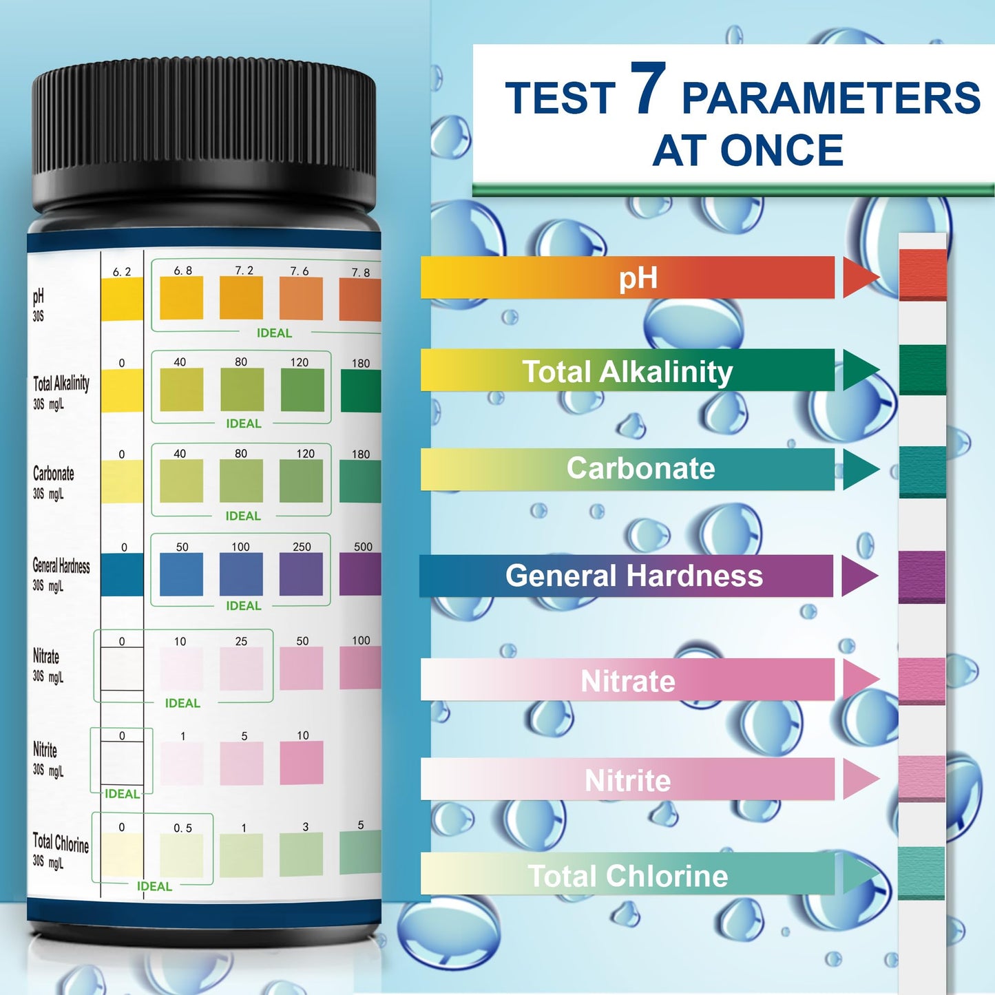 DIPSTIK Aquarium Test Strips, 7-Way Freshwater Saltwater Fish Tank Pond Test Kit, 100 Strips, Nitrate, Nitrite, Chlorine, Hardness, Alkalinity, Carbonate, pH
