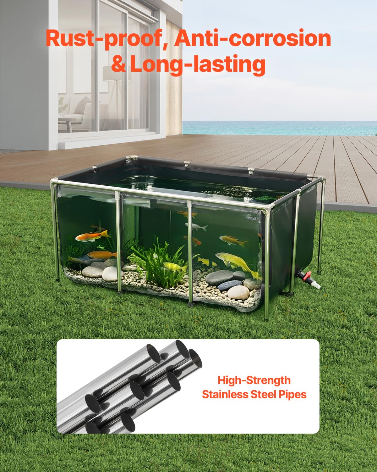 VEVOR Canvas Fish Pond, 470 Gal Above Ground Fish Pond, PVC Koi Tank with Clear Viewing Panel, Rectangular Goldfish Tank with Stainless Steel Frame & Drain Valve, for Breeding Koi, Irrigation(Black)