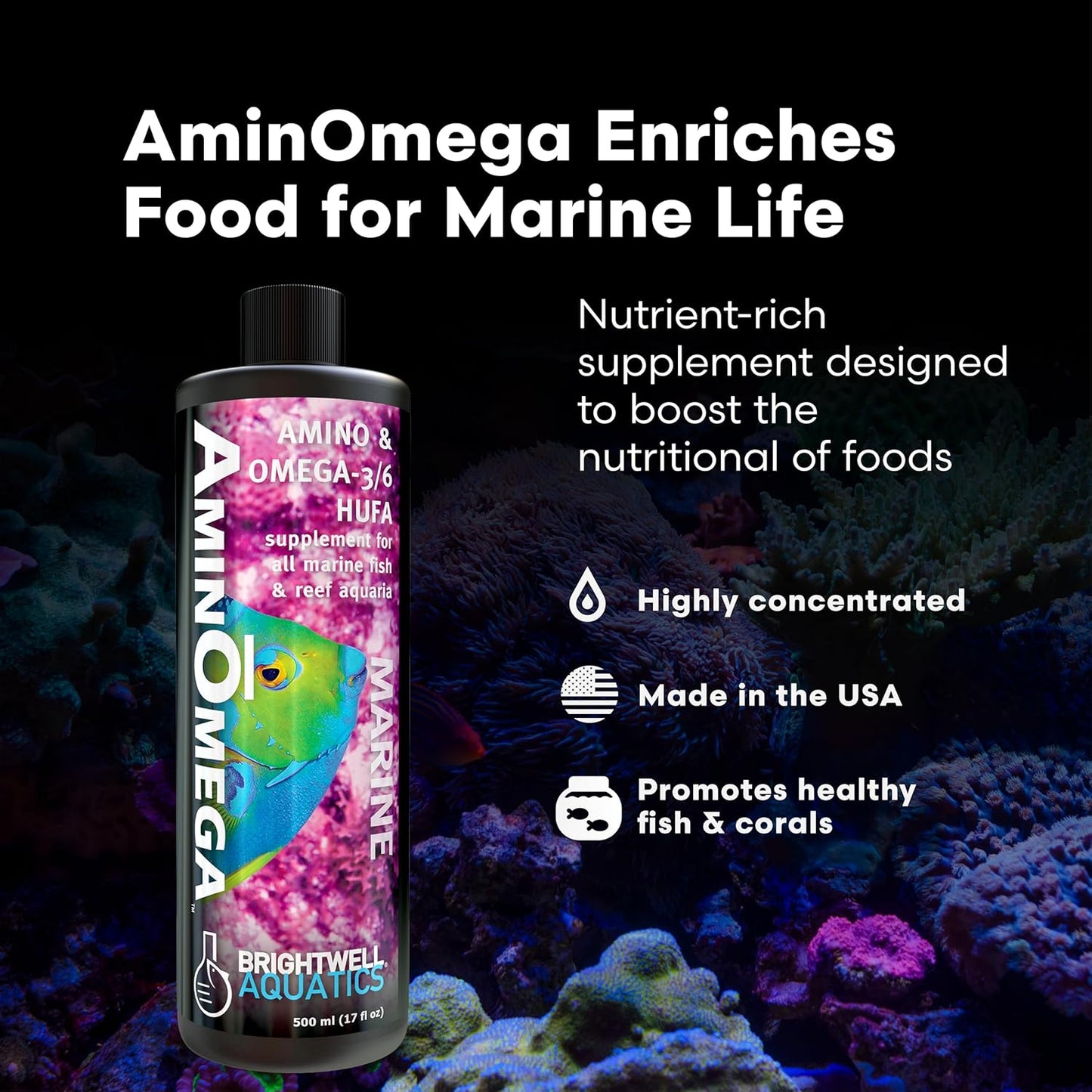 Brightwell Aquatics AminOmega - Amino & Omega - 3/6 HUFA Supplement for All Marine Fish & Reef Aquariums 60-ml
