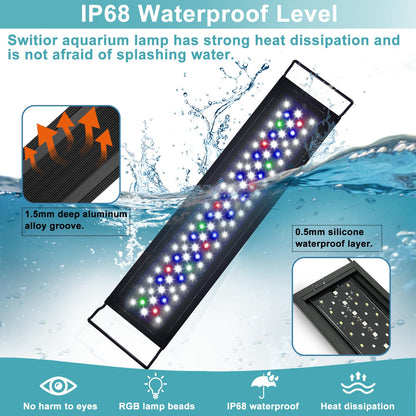24/7 LED Aquarium Light, IP68 Waterproof Extendable Bracket Fish Tank Light with Timer, 7 Colors, 10 Level Adjustable Brightness, DIY Mode Full Spectrum Aquarium Plant Light for 30-36 Inch Fish Tank
