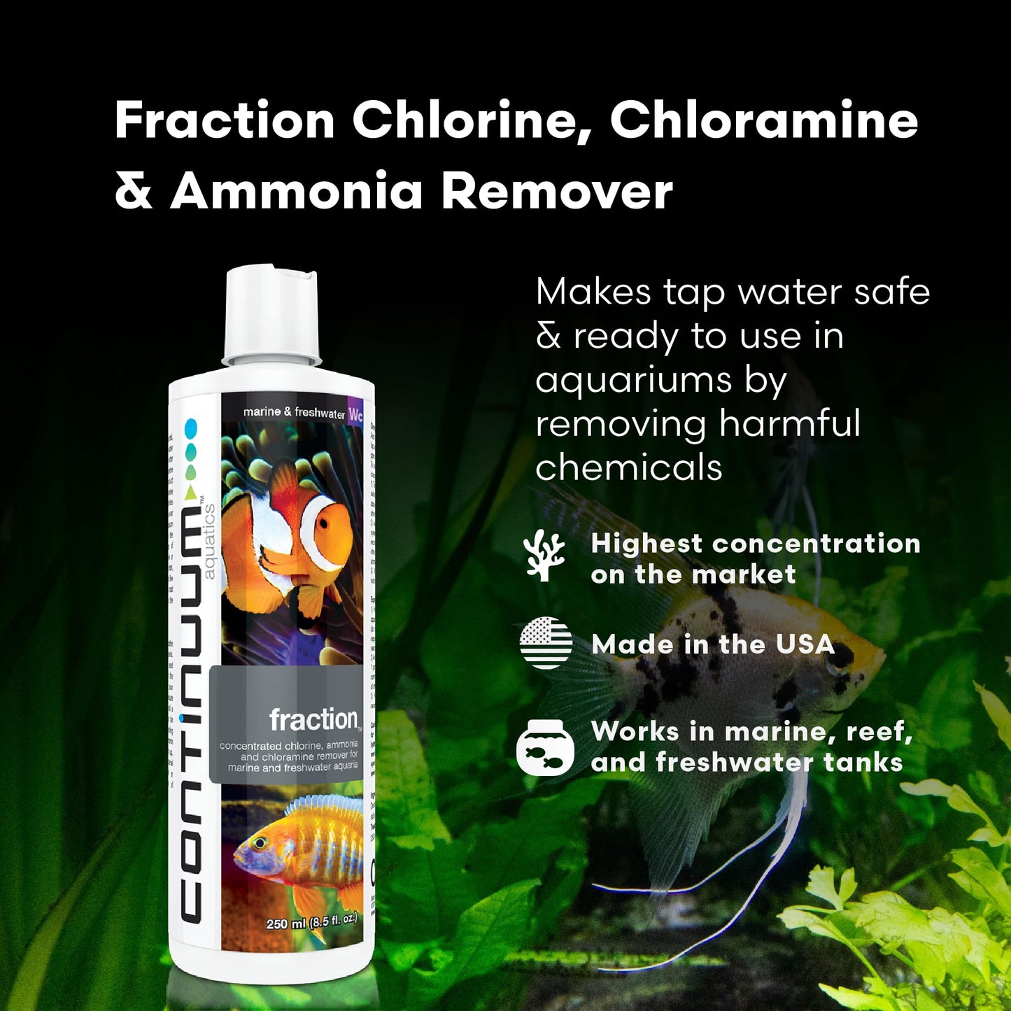 Continuum Aquatics Fraction Water Conditioner for Freshwater & Marine Aquariums – Removes Ammonia, Chlorine & Chloramines – Supports Aquarium Balance – Advanced Water Treatment, 2L