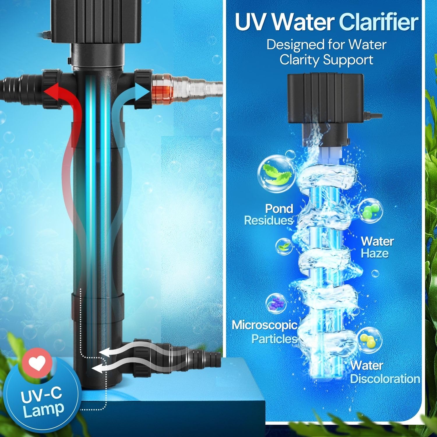 Flexzion Pond UV Lights for Outdoor Ponds - 9W Small Light, 2113 - Gal Capacity, 1500L/H UV Pond Clarifier for Outdoor Ponds, Clears Water in Days (CUV - 109A) - Buy The Sea Aquatics