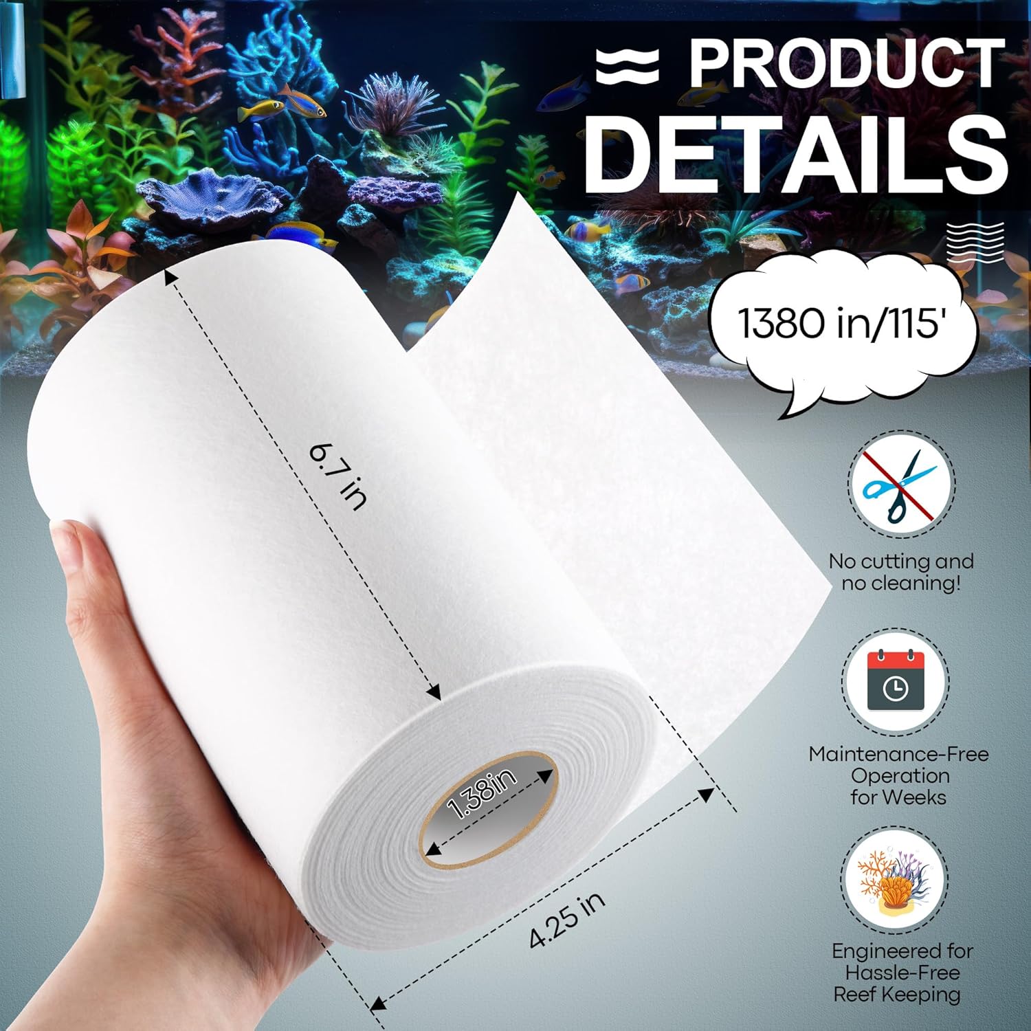 Dreyoo 1 Pack Replacement Fleece Roll, 115' Long x 6.78" High, Superior Filtration for Clean Clear Reef Tanks, Easy to Install - Buy The Sea Aquatics