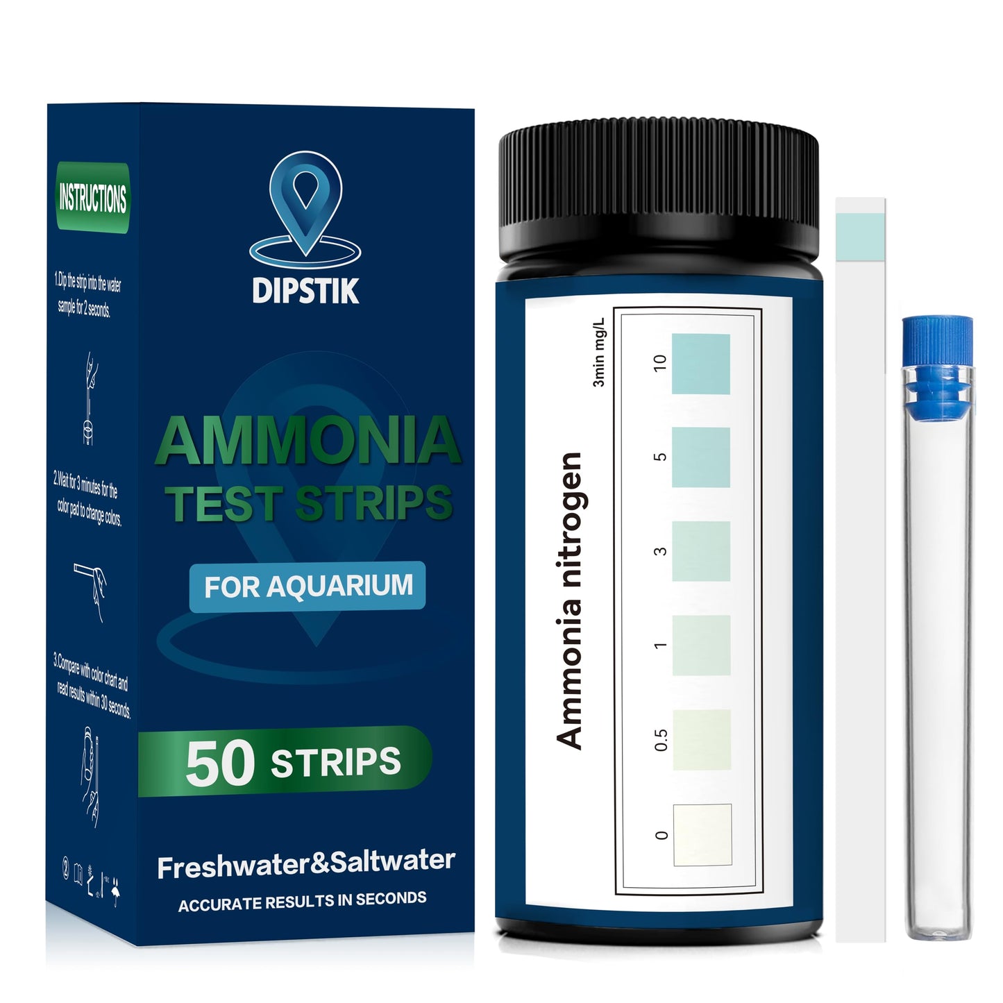DIPSTIK Aquarium Test Strips, 7-Way Freshwater Saltwater Fish Tank Pond Test Kit, 100 Strips, Nitrate, Nitrite, Chlorine, Hardness, Alkalinity, Carbonate, pH