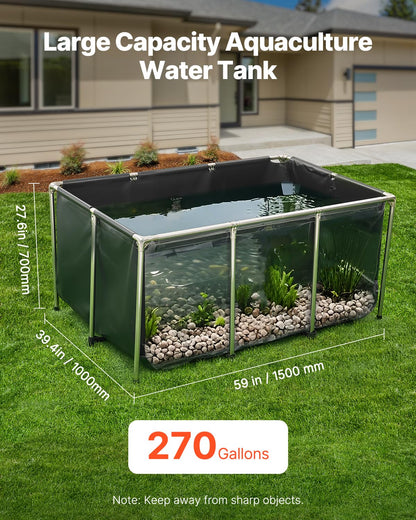 VEVOR Canvas Fish Pond, 470 Gal Above Ground Fish Pond, PVC Koi Tank with Clear Viewing Panel, Rectangular Goldfish Tank with Stainless Steel Frame & Drain Valve, for Breeding Koi, Irrigation(Black)