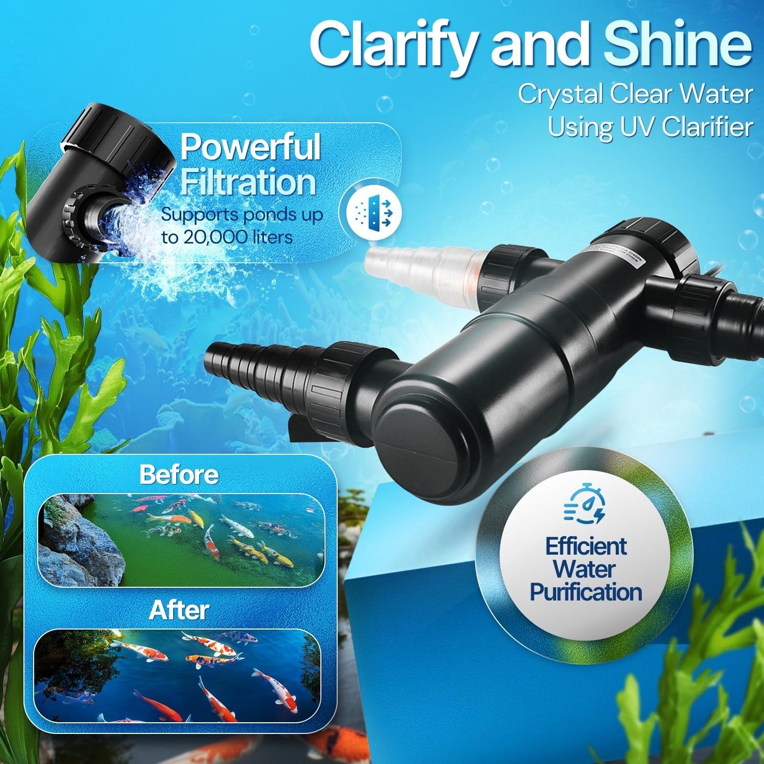 Flexzion Pond UV Lights for Outdoor Ponds - 9W Small Light, 2113 - Gal Capacity, 1500L/H UV Pond Clarifier for Outdoor Ponds, Clears Water in Days (CUV - 109A) - Buy The Sea Aquatics