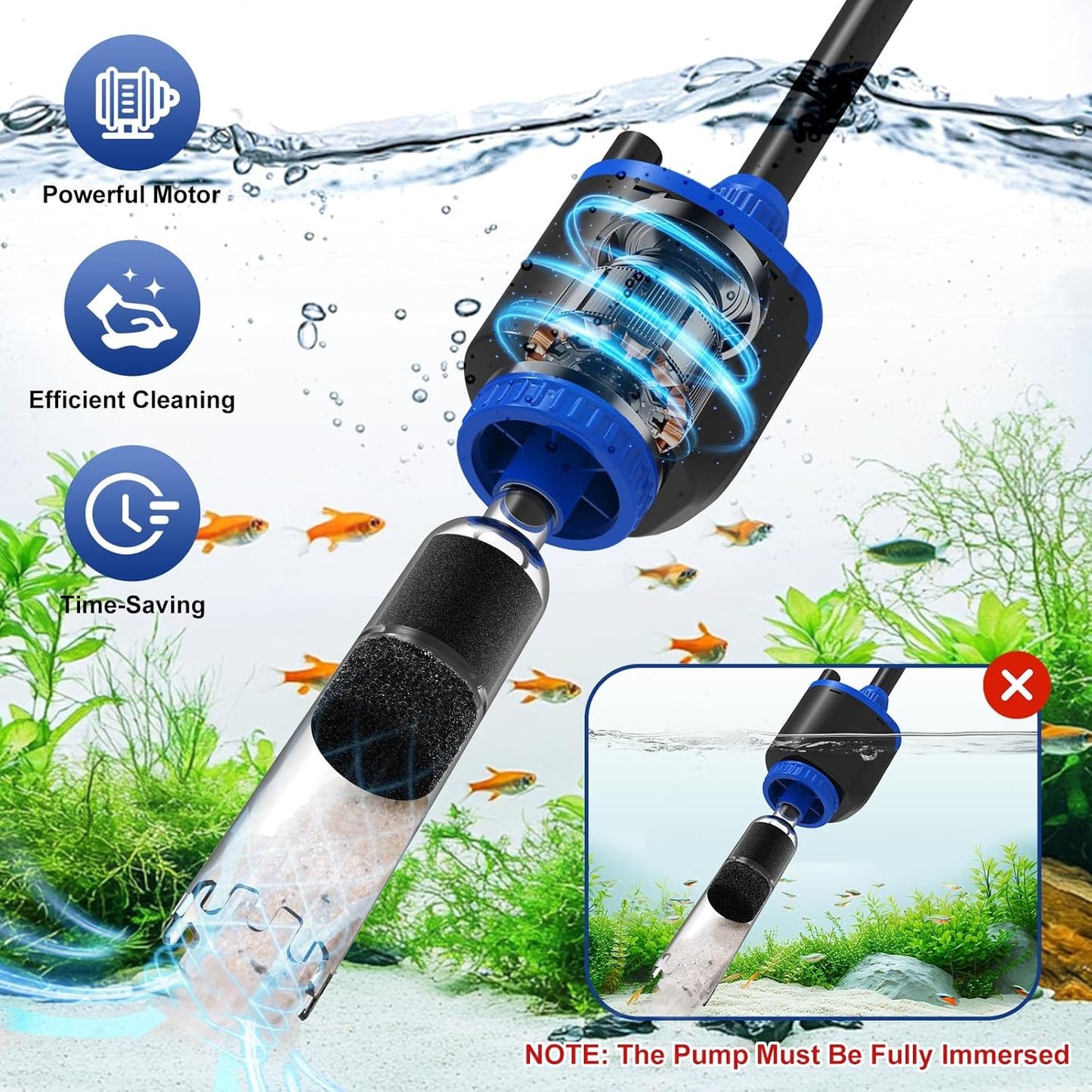 AQQA DC 36W Electric Aquarium Vacuum Gravel Cleaner 6 - in - 1 Multifunctional Fish Tank Cleaning Kit for Remove Dirt, Change Water, Wash Sand, Turtle Water Shower, Water Circulation with Adjustable Power - Buy The Sea Aquatics