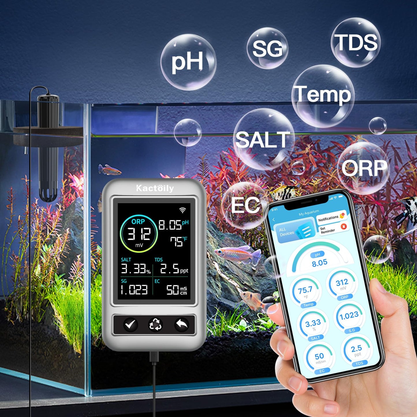 Kactoily Smart Aquarium Monitor All in One pH/ORP/Salt/S.G/TDS/EC/Temp 24h Online Freshwater and Saltwater Fish Tank Tester (WiFi Version)