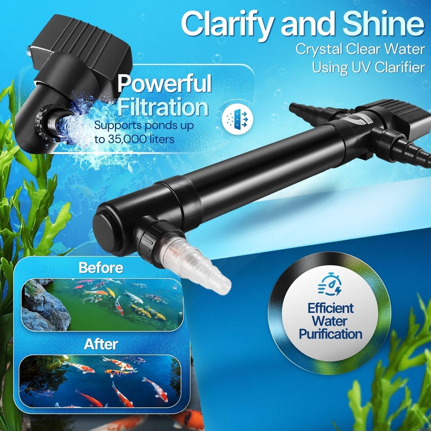 Flexzion Pond UV Lights for Outdoor Ponds - 9W Small Light, 2113 - Gal Capacity, 1500L/H UV Pond Clarifier for Outdoor Ponds, Clears Water in Days (CUV - 109A) - Buy The Sea Aquatics