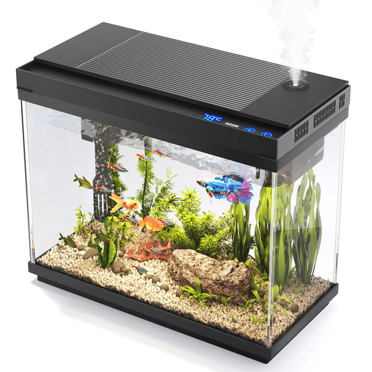 Vehipa Fish Tank 2.4 Gallon Aquarium Kit with Humidifier 7-Color Auto-Looping 3 in 1 Quiet Pump with Filteration & Oxygenation & Circulation, Temperature Display, HD Glass