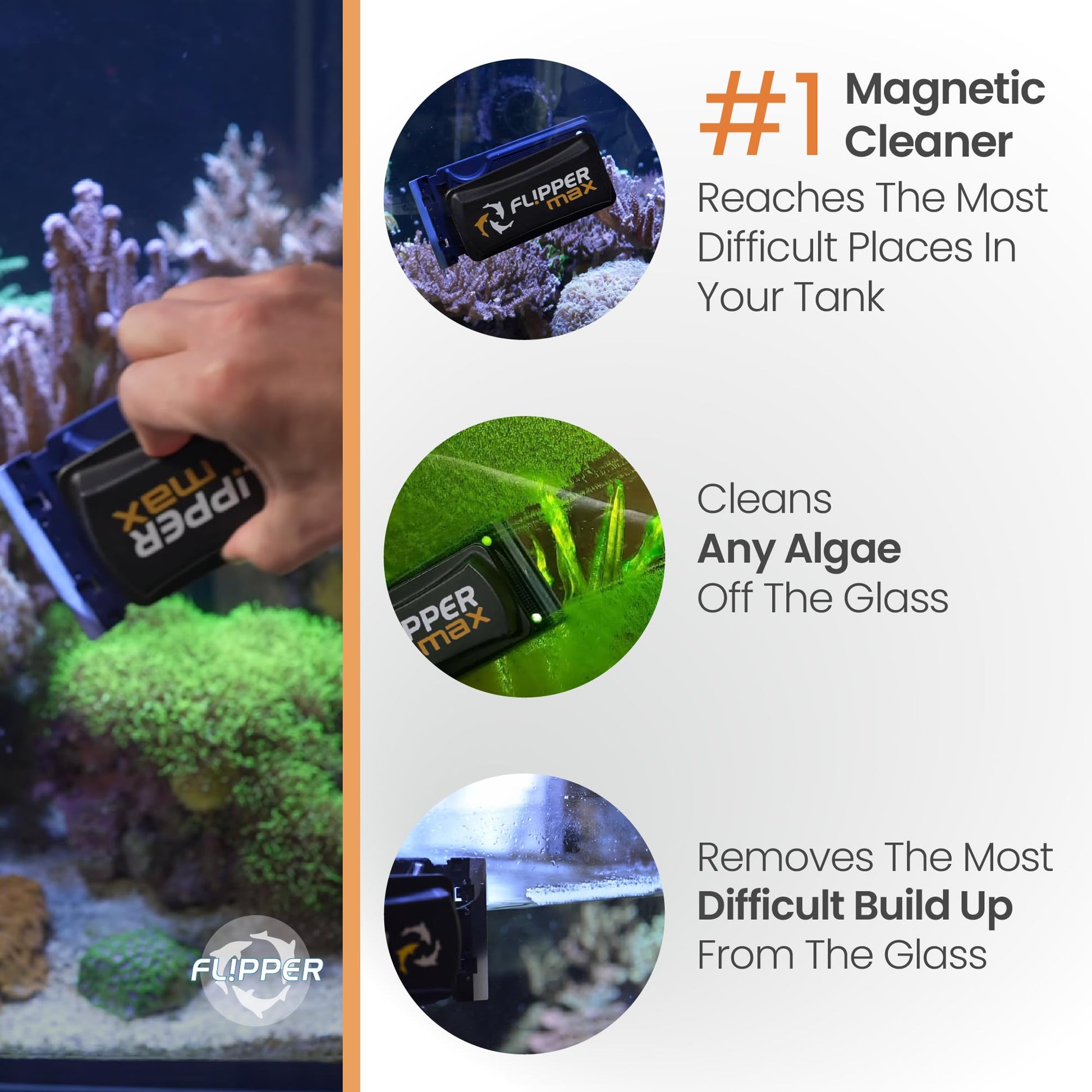 FLIPPER Standard Magnetic Aquarium Glass Cleaner – 2 - in - 1 Scrubber and Scraper, Hands - Free Fish Tank Cleaner for Algae Removal, Safe for Glass & Acrylic Tanks up to 1/2" (12mm), Freshwater & Saltwater - Buy The Sea Aquatics
